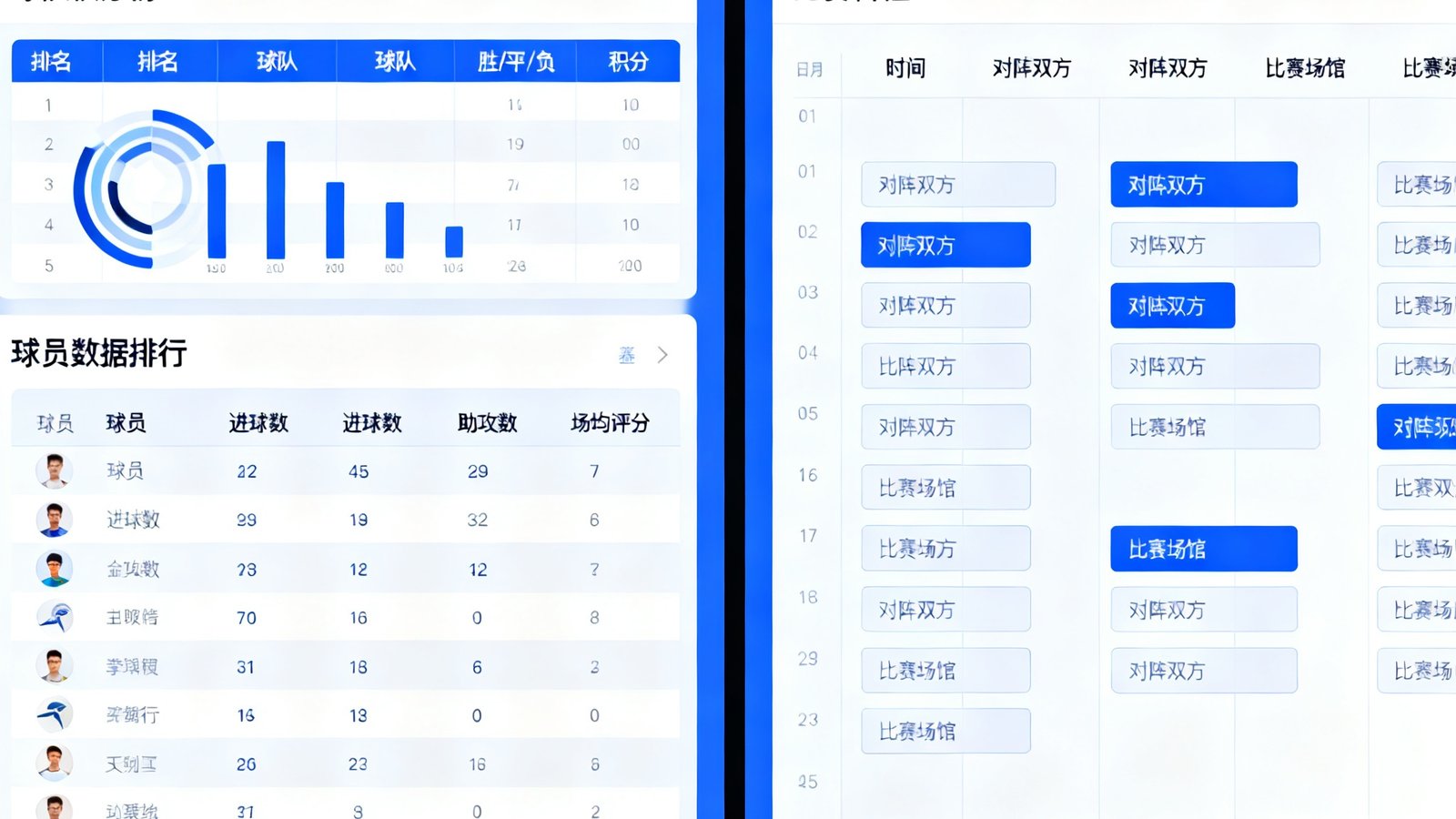 世界杯直播网的数据分析仪表盘和赛程日历界面截图，展示球队积分榜、球员数据排行和按日期排列的比赛日程。
